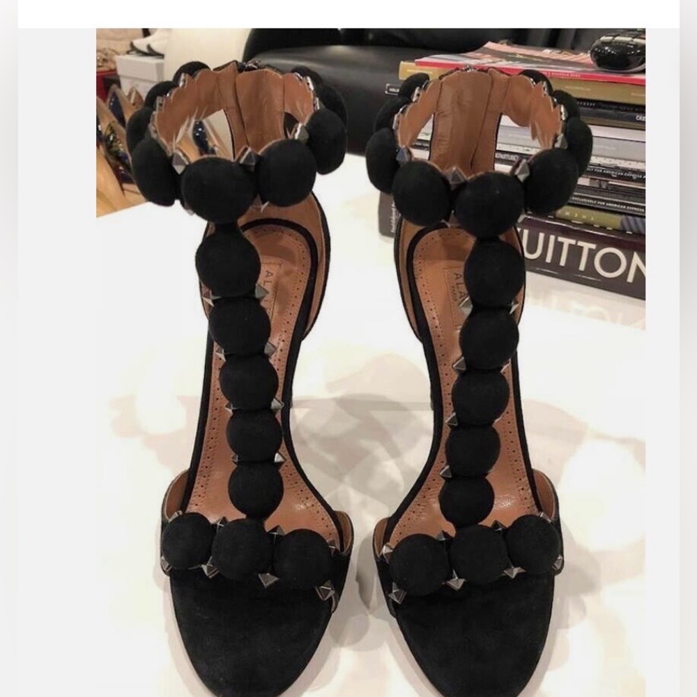 Alaia Bombe 110mm Black Suede Ankle T Strap Pom Pom Stud Sandal